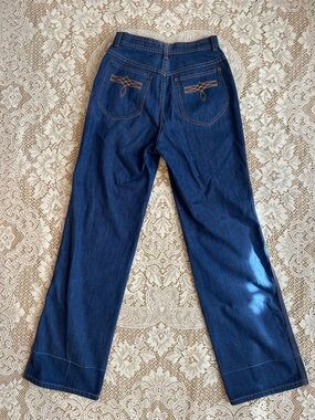 1970s Western Contrast Stitch Embroidered Jeans, Dark Wash, Size 26